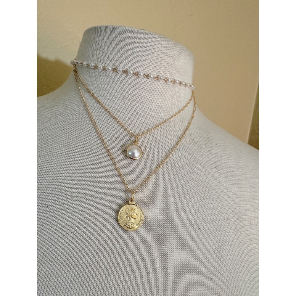 Gold Layered Multi-Strand Necklace Faux Pearl Choker 1945 Dos Pesos Coin Pendant